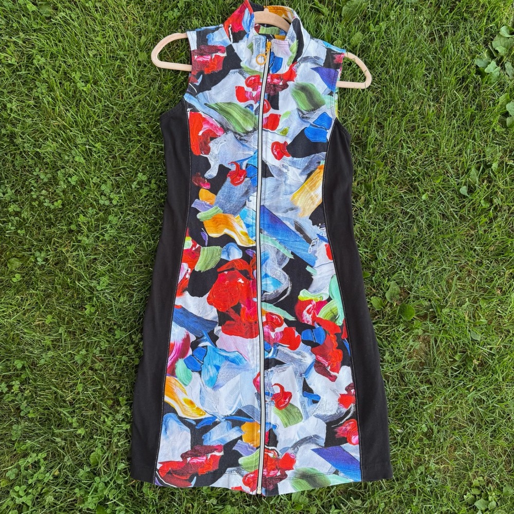 Dolcezza Art Simply Dress XS Multicolor Abstract Zip Front Mock Neck Sheath 619